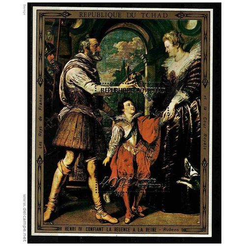 Bloc Philatélique De La République Du Tchad, Poste Aérienne, 400 Francs, Série Les Rois De France Et La Cour Royale : Henry I V Confiant La Régence À La Reine  - Rubens