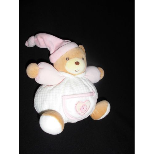 Doudou Boule Kaloo. Blanc Rose Coeur Brodé.