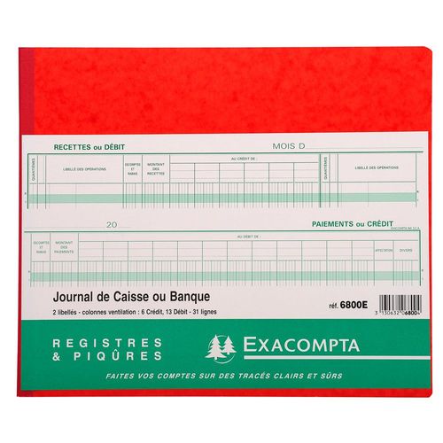 Exacompta Piqûre 27x32cm Journal De Caisse Ou Banque 13 Débit 6 Crédit 31 Lignes 80page