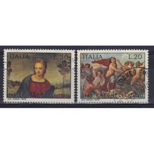 Italie 1970 : 450è Anniversaire De La Mort De Raphaël : Détail De La "Madone" Au Chardonneret / Un Détail De La Fresque De La "Galatée" - Série Entière De 2 Timbres Oblitérés