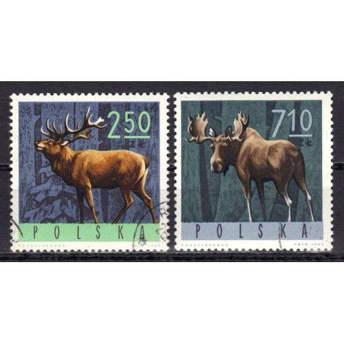 Pologne 1965 : Animaux Sauvages : Cerf / Elan - Série De 2 Timbres Oblitérés