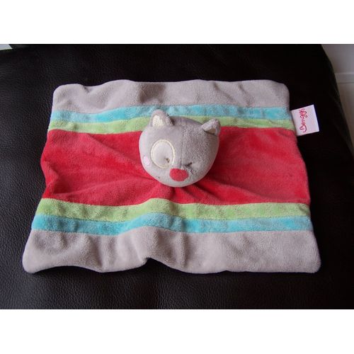 Doudou Plat Chat Gris Bengy Cocard Blanc Fushia Vert