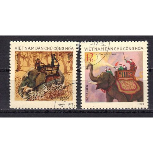 Vietnam Du Nord 1973 : Utilisation Des Éléphants : Eléphant Tirant Du Bois / Eléphant De Transport - Série De 2 Timbres Oblitérés