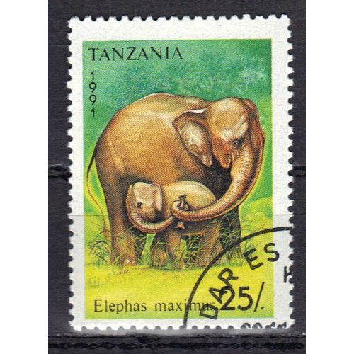 Tanzanie 1991 : Faune : Eléphant Qui Protège Son Petit - Timbre 25 S. Oblitéré