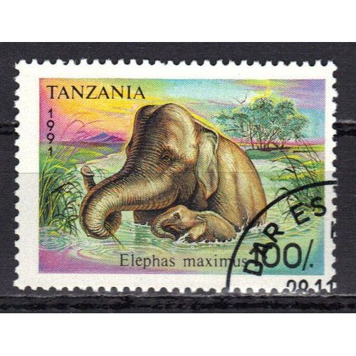 Tanzanie 1991 : Faune : Eléphant Se Baignant Avec Son Petit - Timbre 100 S. Oblitéré