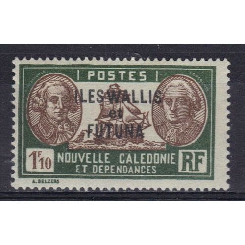 Wallis Et Futuna 1930 : Bougainville Et Jean-François De Galaup, Comte De La Pérouse - Timbre 1 F. 10 Vert Foncé Et Sépia Neuf ** Surchargé Cote 38 