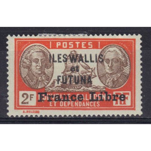 Wallis Et Futuna 1941 : Bougainville Et Jean-François De Galaup, Comte De La Pérouse - Timbre 2 F. Rouge-Orange Et Sépia Neuf * Surchargé "France Libre"