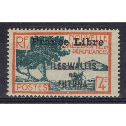 Wallis Et Futuna 1941 : Baie De La Pointe Des Palétuviers - Timbre 4 C. Orange Et Bleu-Vert Neuf * Surchargé France Libre