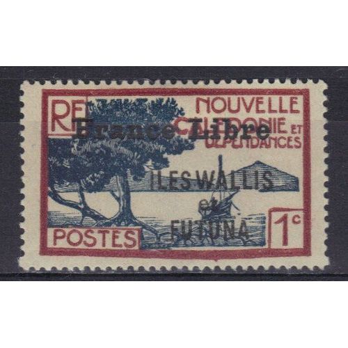 Wallis Et Futuna 1941 : Baie De La Pointe Des Palétuviers - Timbre 1 C. Brun Carminé Et Bleu Neuf * Surchargé France Libre