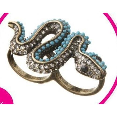 Bague Double Serpent Strass Perles Métal Argenté Mode Original Tendance Cosplay Shop Black Sugar Paris