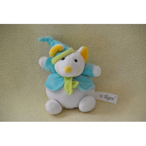 Souris Peluche Doudou Tigex Boule Blanc Habit Bonnet Bleu Echarpe Verte 12 Cm