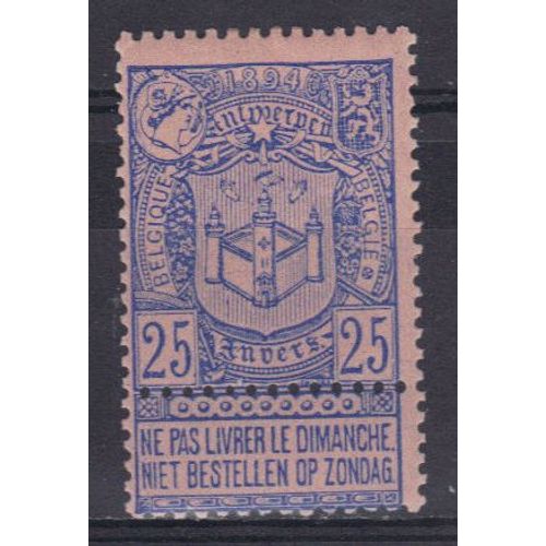 Belgique 1894 : Exposition D'anvers - Timbre 25 C. Bleu Sur Rose Neuf * Avec Cartouche En Bas Attenante