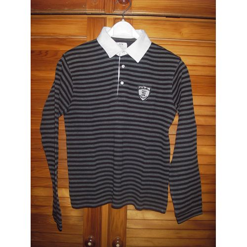 Polo Manches Longues De Marque Cfk Blake River ,Rayé Noir Et Gris ,Col V Boutonné Blanc,Taille 14 Ans .