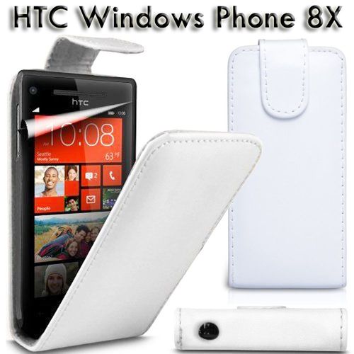 Htc Windows Phone 8x : Etui Housse Coque Pochette En Simili Cuir Rabattable À Rabat Clapet Haute Qualité Couleur  Blanc + Film D'écran