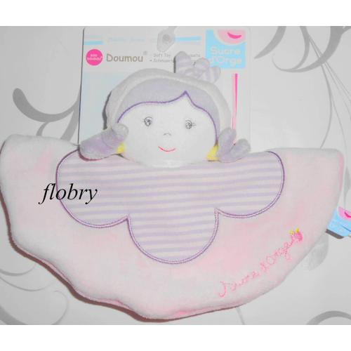 Doudou Poupee Rose Pastel Doumou Parme Fleur Peluche Bebe Naissance Plat Rond Sucre Dorge