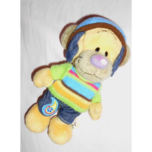 Peluche Doudou Ours Ourson Diddl Pimboli Beige Bonnet Bleu Pull Rayé Vert Jean Depesche 20 Cm