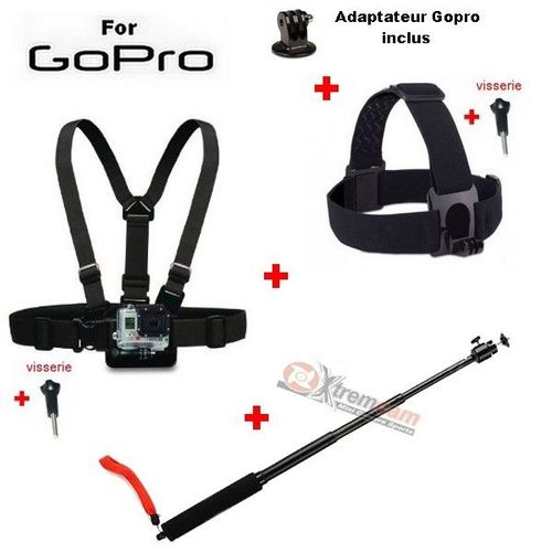 Fixation Harnais + Tête + Perche 51cm + Tripod pour caméra Gopro