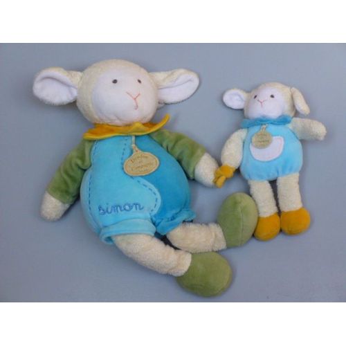 Doudou Et Compagnie Mouton Simon Et Son Bébé, Bleu, Vert, Jaune, Beige