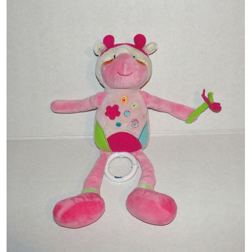 Doudou Peluche Musical Vache Girafe  Bawi Le Petit Nouveau Peluche Musique  Rose , Fleur À La Patte 31 Cm