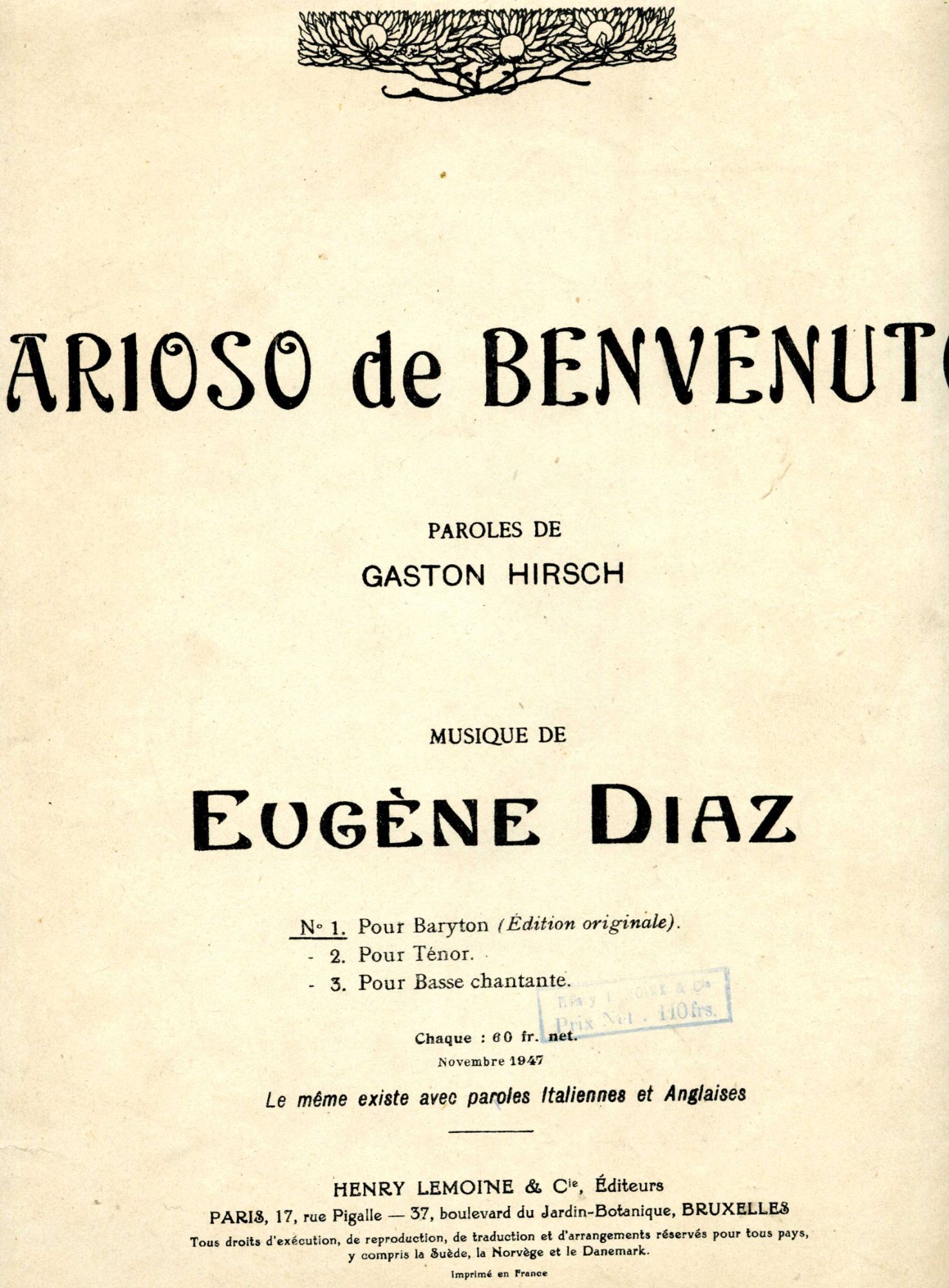 Arioso De Benvenuto  Parole De Gaston Hirsch Musique De Eugène Diaz