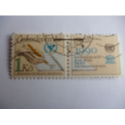 Timbre "Tchécoslovaquie :Deux Timbres Unesco:1990 Année Internationale De La Littérature".
