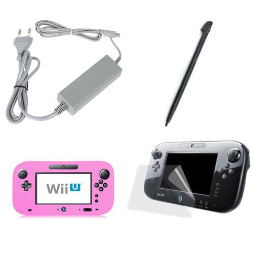 Kit 5 En 1 Pour Nintendo Wii U : Alimentation Secteur, Stylet, Film De Protection Écran, Chargeur Usb 3 Mètres , Etui Silicone Rose - Straße Game