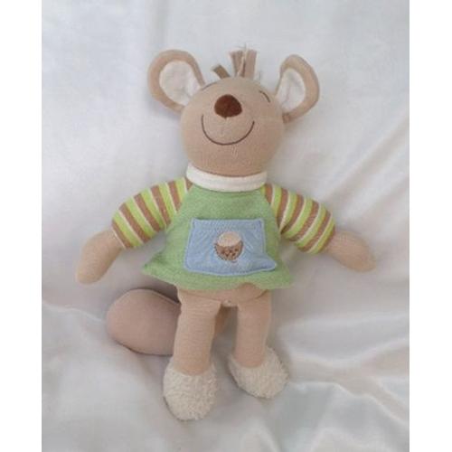 Doudou Peluche Ecureuil Beige Robe Vert Poche Bleu Noisette Asobi