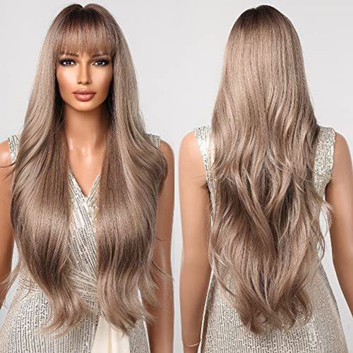 Perruques Longues Ondulées Brillantes, Perruques De Vrais Cheveux Avec Frange Pour Cheveux De Femmes 