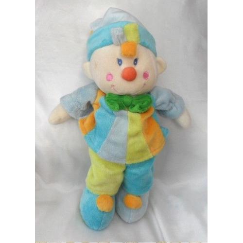 Doudou Peluche Clown Garçon Bleu Jaune Orange Noeud Vert Mgm