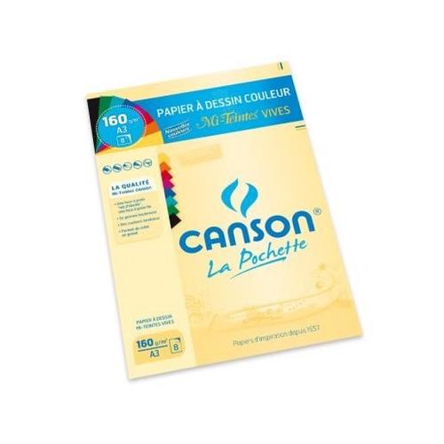 Canson 200003164 Pochette Papier À Dessin Mi-Teintes 8 Feuilles 160g A3 Couleurs Vives