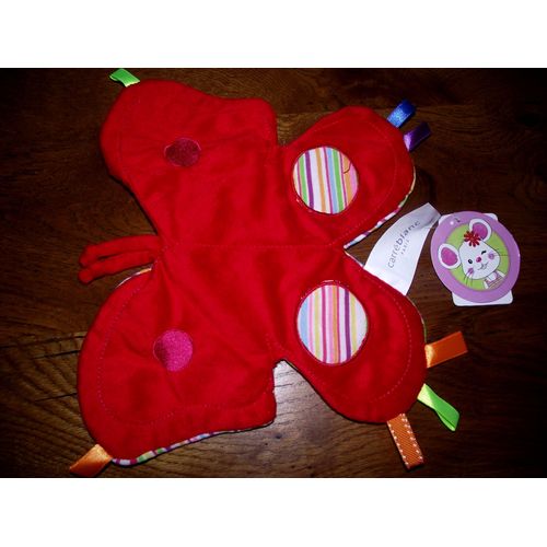 Doudou Peluche Plat Papillon Collection Eugénie   Carréblanc Carré Blanc Rouge Rose Rayé  Rayure Multicolore