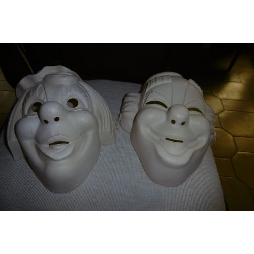Masques Plastique Rigide Blanc  À Peindre, À Décorer Clown Lot De 2