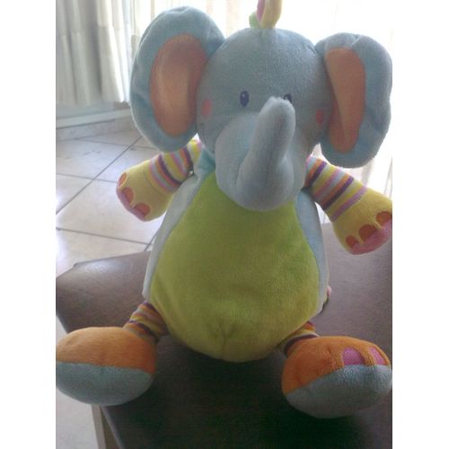 Doudou Éléphant Bleu Vert Orange 27 Cm