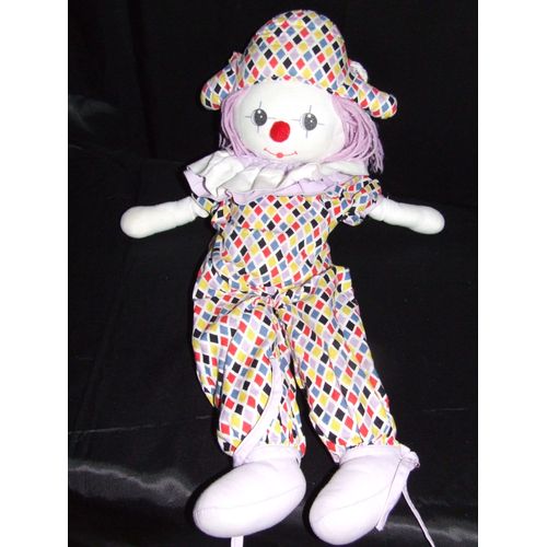 Clown Arlequin Doudou Tissu Chiffon Poupée Ancien Vintage De 50 Cm