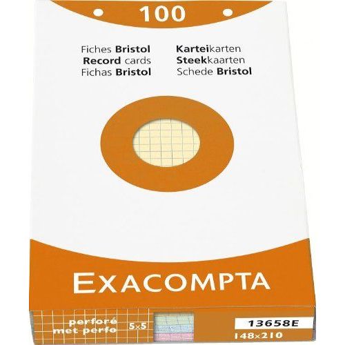Exacompta 13658e Etui 100 Fiches Bristol 4 Coloris Assortis Bleu/Jaune/Vert/Rose 148/210 5x5 Perforée