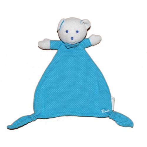 Doudou Peluche Ours Musti Mustela Plat Noeud Bleu Pois Blancs
