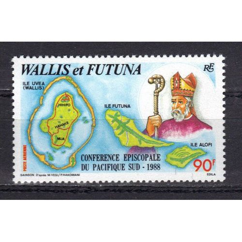 Wallis Et Futuna 1988 Poste Aerienne : Conférence Épiscopale Du Pacifique-Sud : Evêque Et Carte Des Îles - Timbre 90 F. Neuf **
