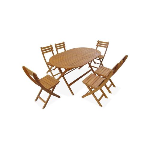 Salon De Jardin En Bois D'acacia Ensemble 6 Chaises Pliantes 1 Table Mobilier D'extérieur 6 Places Meuble De Terrasse