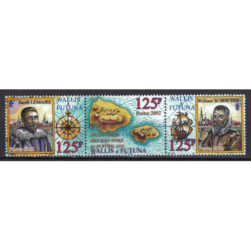 Wallis Et Futuna 2002 : Découverte Des Iles Horn, Le 28 Avril 1916 : Portrait De Jacob Lemaire / Carte Des Îles Futuna Et Alofi / Portrait De William Shouten, Voilier - Triptyque  Neuf ** Cote 10 
