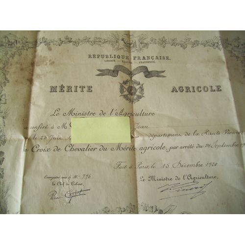 Chevalier Merite Agricole / Diplome / 1920