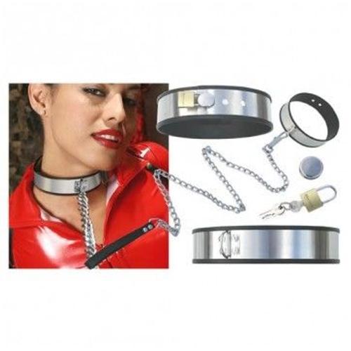 Collier Ajustable Domination En Acier Inoxydable + Chaîne + Cadenas - Sm