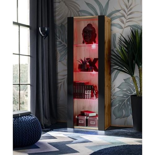 Vitrine Armoire Komodee Tivoli - Led Rvb - Noir Et Bois Naturel - 55 X 159 X 35 Cm