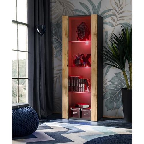 Vitrine Armoire Komodee Tivoli - Led Rvb - Bois Naturel Et Noir - 55 X 159 X 35 Cm