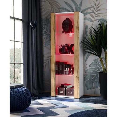 Vitrine Armoire Komodee Tivoli - Led Rvb - Bois Naturel Et Blanc - 55 X 159 X 35 Cm