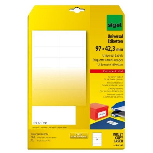 Sigel La140 Paquet De 25 Feuilles A4 Pour 300 Étiquettes Universelles Pour Photocopieur Et Imprimante Laser Et Jet D'encre 97 X 42,3 Mm Blanc