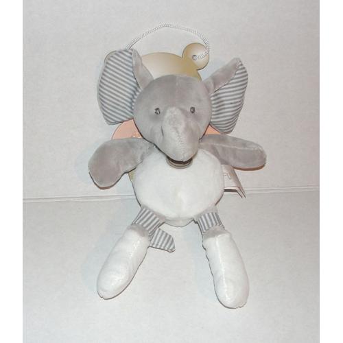 Doudou  Peluche Éléphant  Baby Nat' Babynat Blanc Gris Rayé 25 Cm