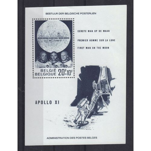 Belgique 1969 : L'homme Sur La Lune : Armstrong, Collins, Aldrin - Bloc-Feuillet 20 F. + 10 F. Bleu-Noir Neuf **