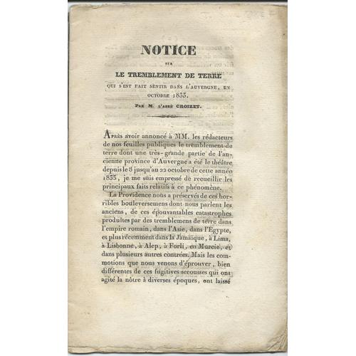 Notice Sur Le Tremblement De Terre Qui S'est Fait Sentir Dans L'auvergne, En Octobre 1833