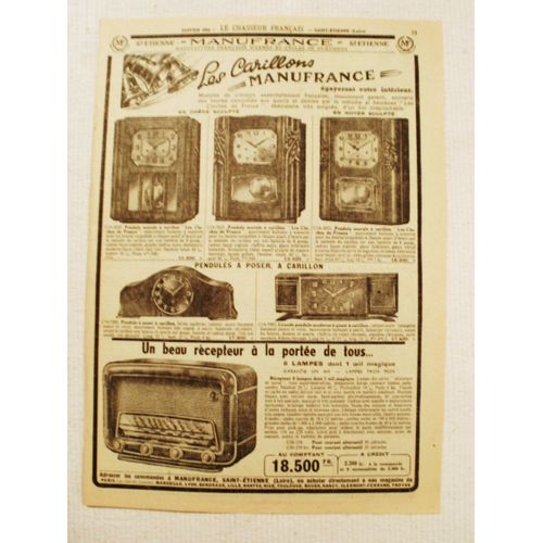Publicité Ancienne (Janvier 1954) Pour Les Carillons, Réveils Et Radios De Manufrance