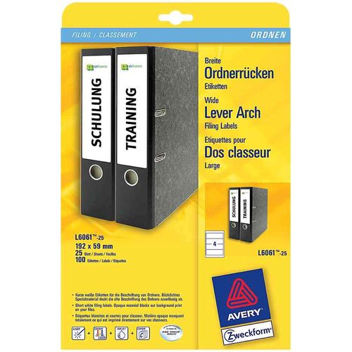 Avery Zweckform L4761-100 Lot De 100 Feuilles De 4 Étiquettes Pour Classeurs 192 X 61 Mm Blanc Import Allemagne